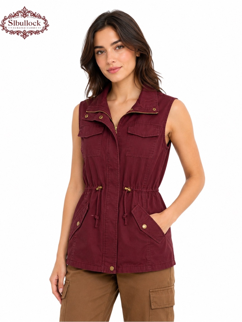 V22 American Rag Burgundy Utility Cargo Vest Size Large Cinch Waist